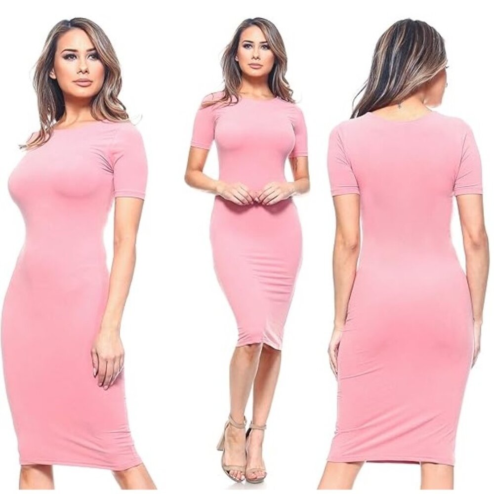 (L) Dusty Pink Tight Bodycon Pencil Dress |  Short Sleeve | Crew Neck | Midi